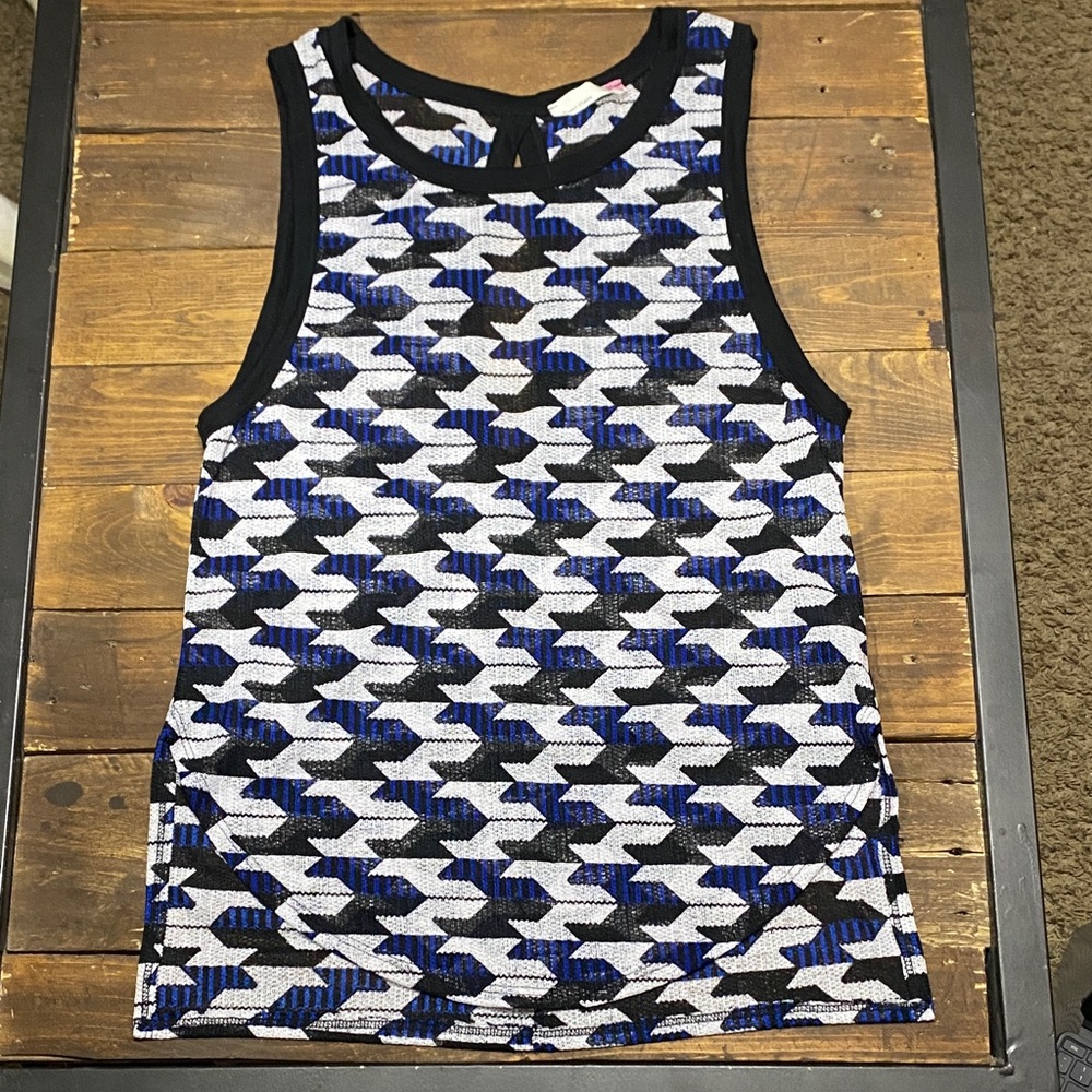Mesh Tank/Tunic Top - Blue, Black, White Geometric Print Medium Sweet Claire